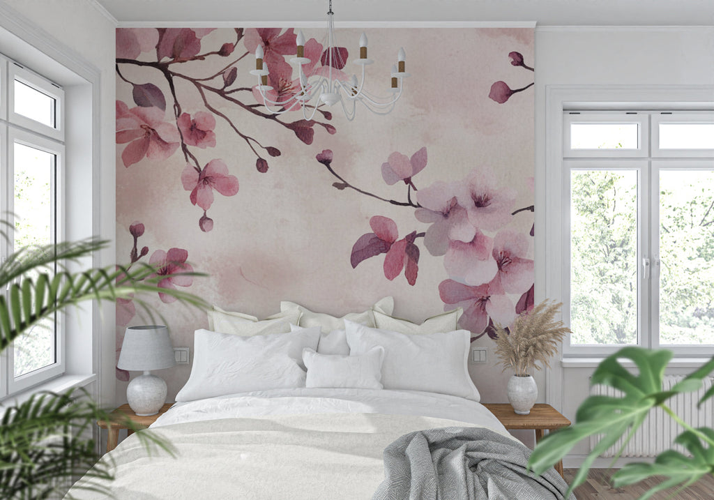 Floral wall mural showcased in a peaceful home office with minimal furniture