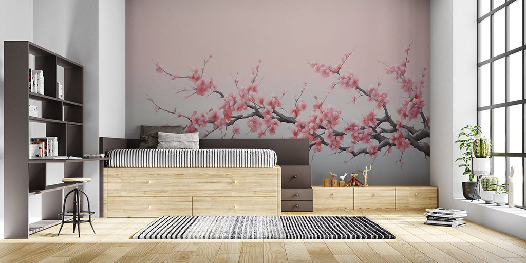 Pink cherry blossom mural creating zen atmosphere in an entrance hall