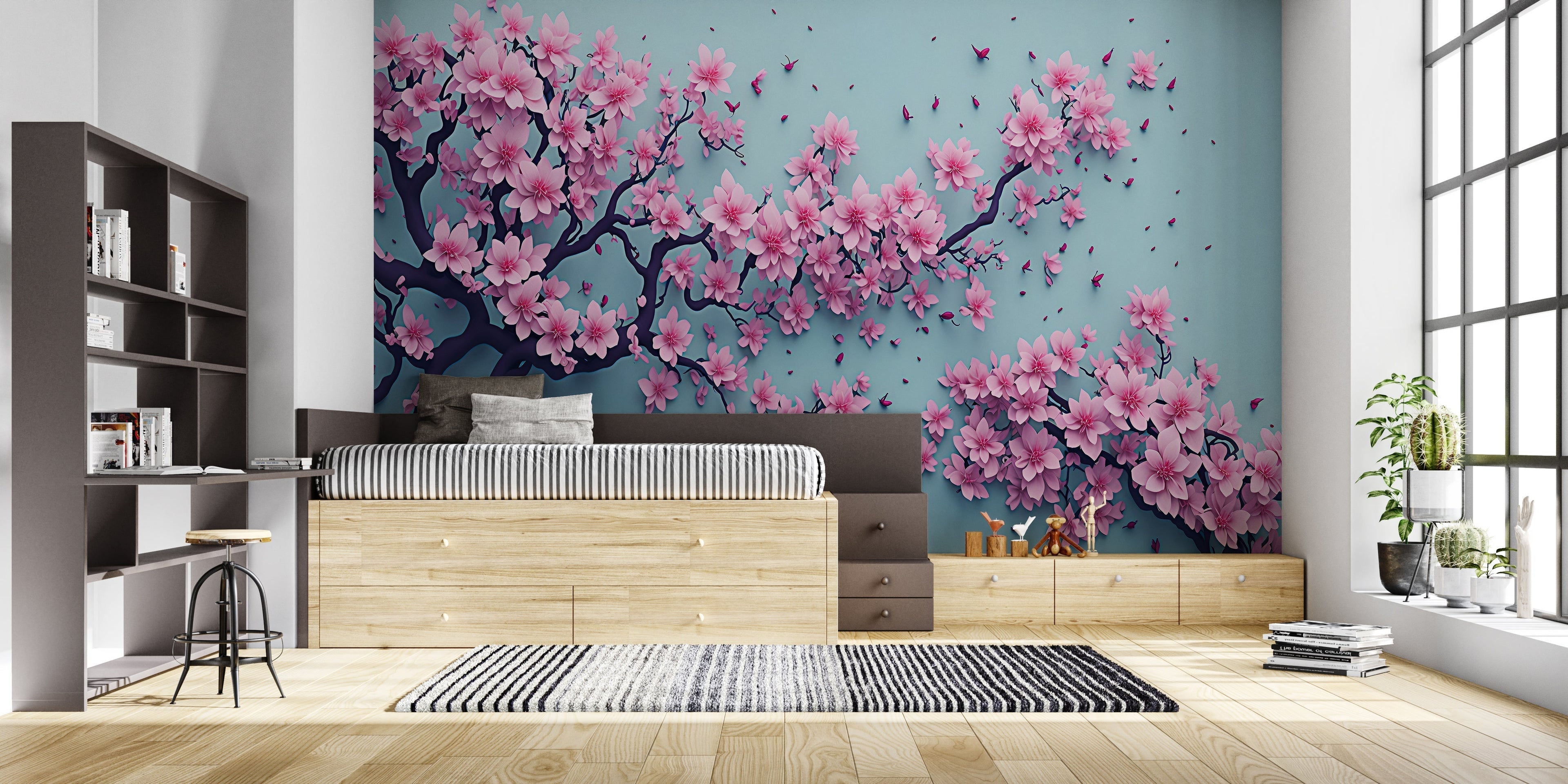 Turquoise and pink cherry blossom wallpaper brightening dining room setting