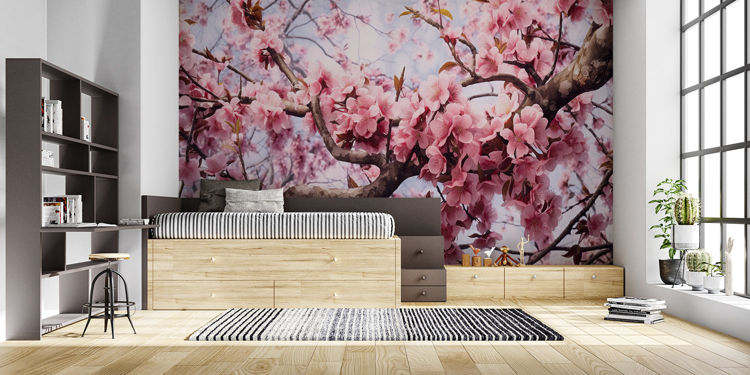 Pink floral mural enhancing an elegant entrance hallway with natural beauty
