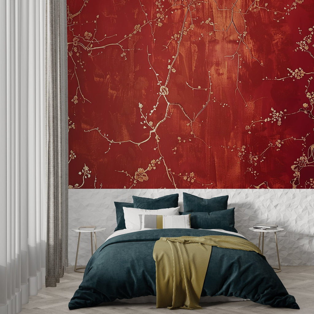 Cherry blossom wallpaper in red and gold creating drama in modern living room