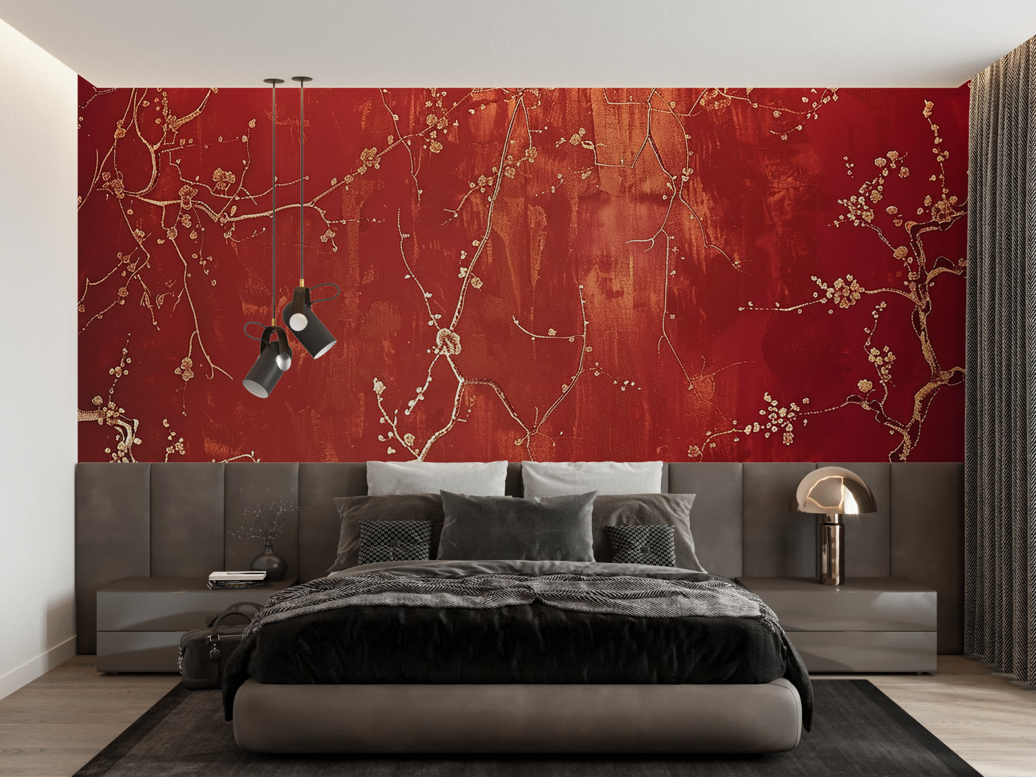Asian floral wallpaper brightening dining room with gold accents