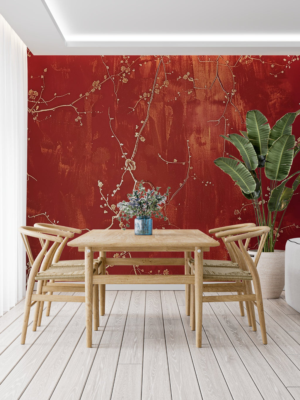 Red and gold cherry blossom mural in cozy bedroom setting