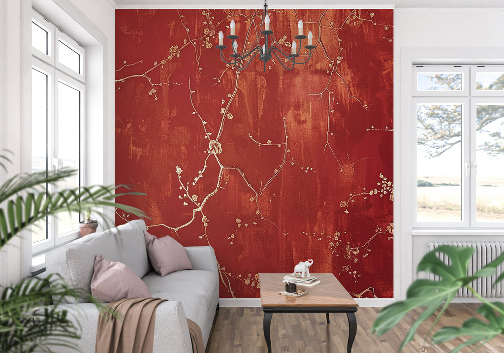 Japanese cherry blossom wall design in luxury hotel lobby