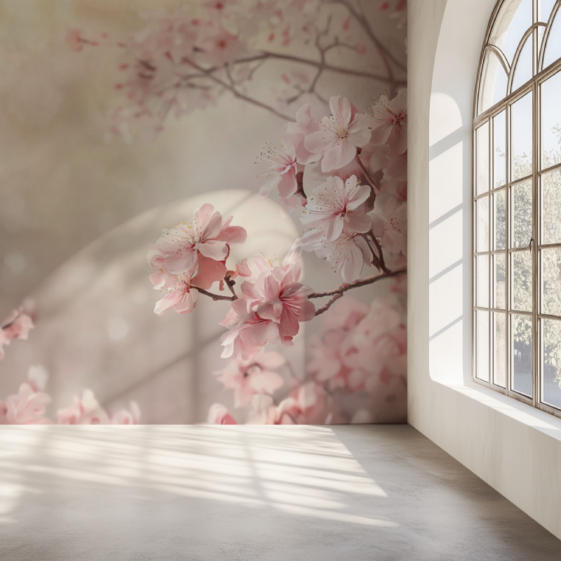 Cherry blossom wallpaper in bright modern bedroom showing soft pink petals against white walls