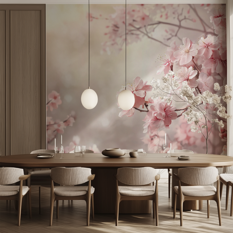 Pink cherry blossom mural creating calm atmosphere in living room setting
