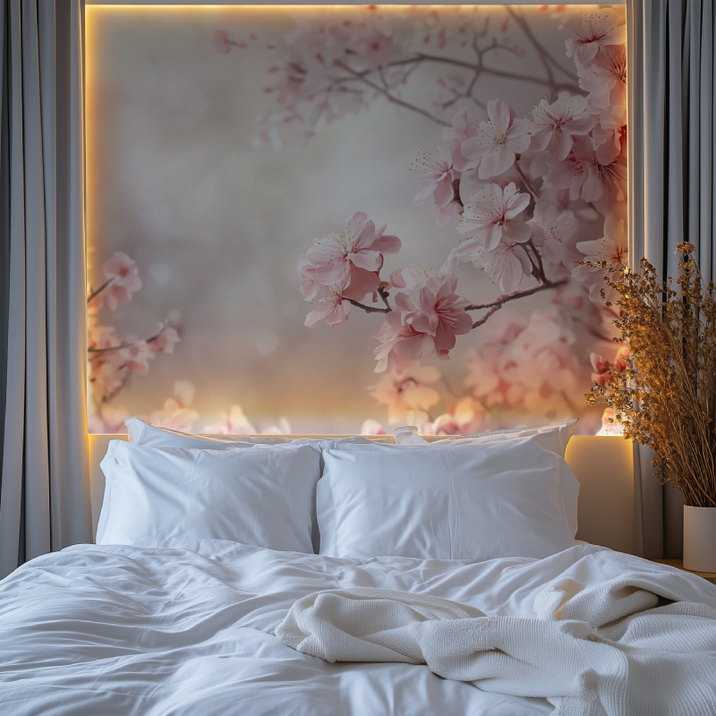 Floral wall mural showcasing delicate cherry blossoms in dining room
