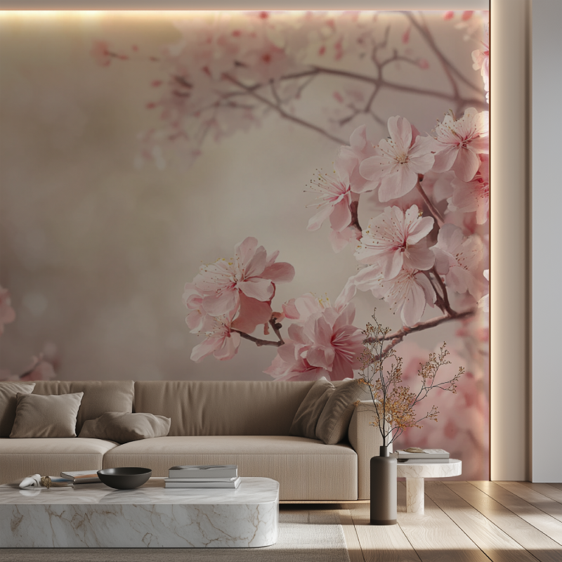 Cherry blossom wallpaper bringing spring feeling to home office space