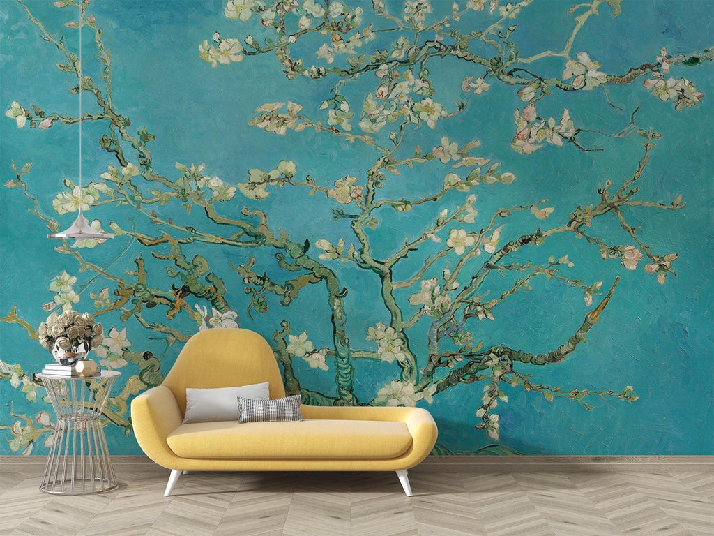 Cherry blossom wall mural creating a peaceful atmosphere in a modern living room with natural light