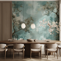 Cherry blossom wallpaper bringing spring charm to a modern living room with white furniture