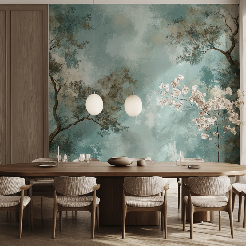 Cherry blossom wallpaper bringing spring charm to a modern living room with white furniture