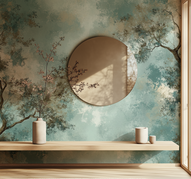 Japanese inspired cherry blossom mural creating serenity in a master bedroom setting