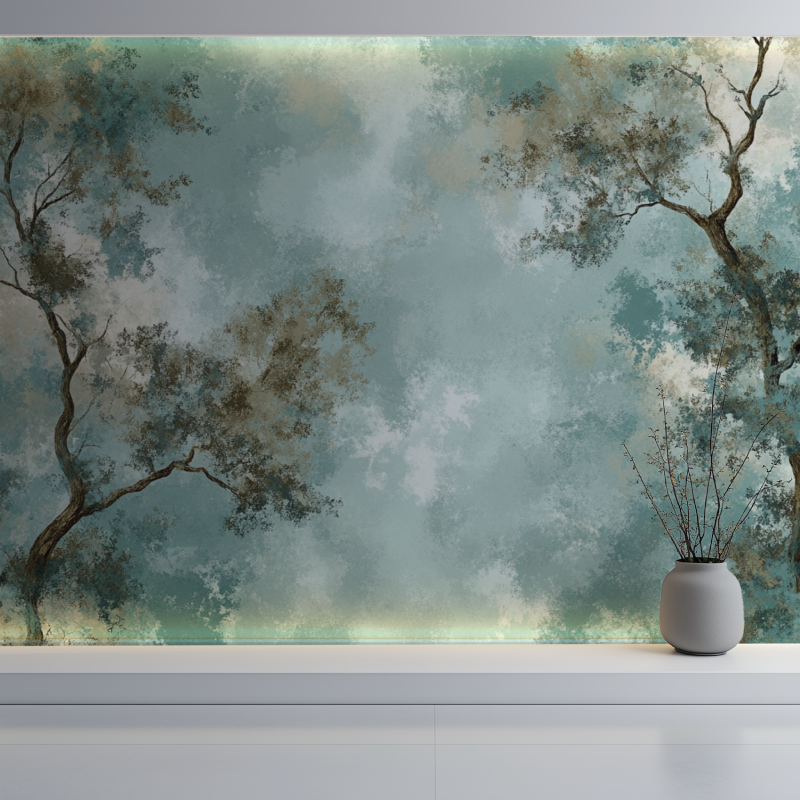Turquoise cherry blossom wall mural adding elegance to a minimalist dining room