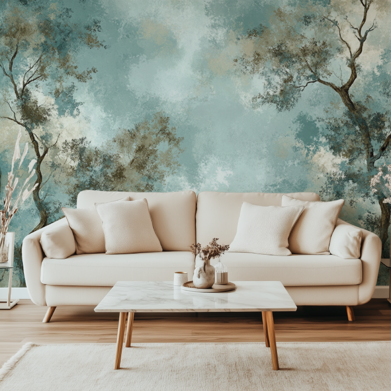Cherry blossom wallpaper creating a peaceful atmosphere in a meditation room