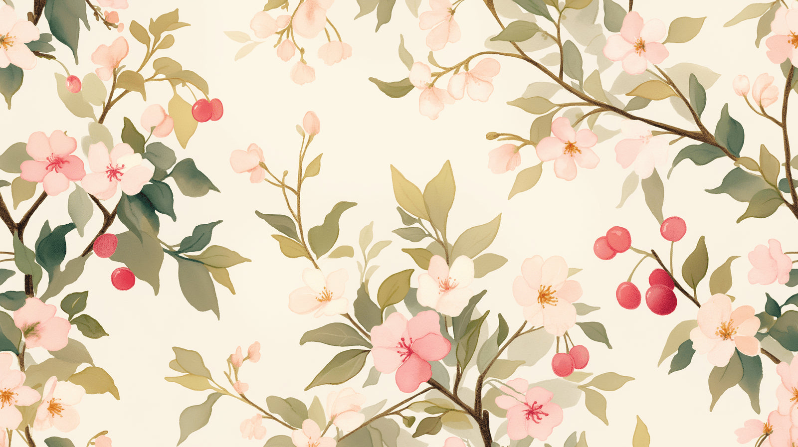 Cherry blossom wallpaper design file showing watercolor flowers and red berries pattern