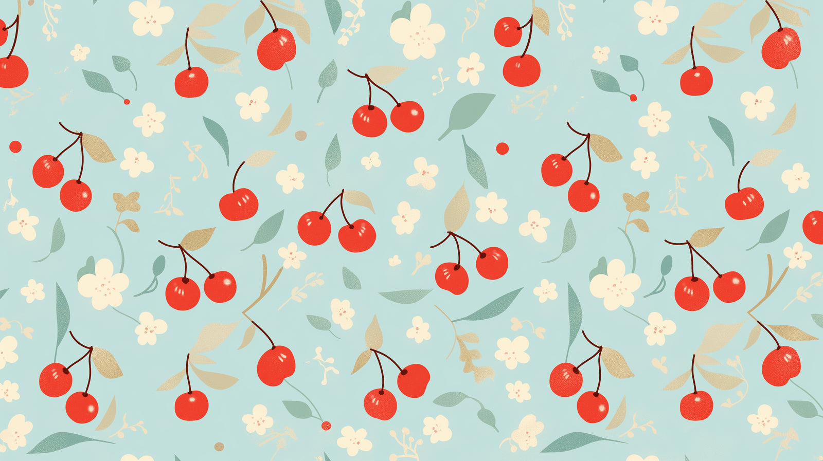 Vintage cherry pattern wallpaper design file showing red fruits and white blossoms on blue background