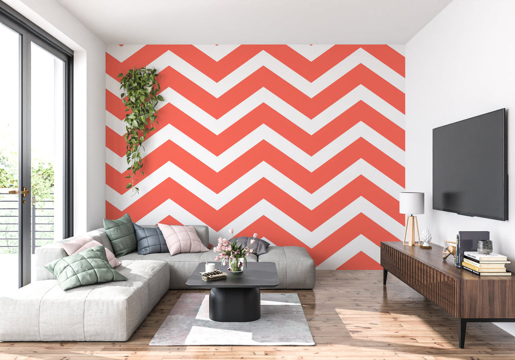 Chevron pattern mural bringing movement to a hallway with modern lighting