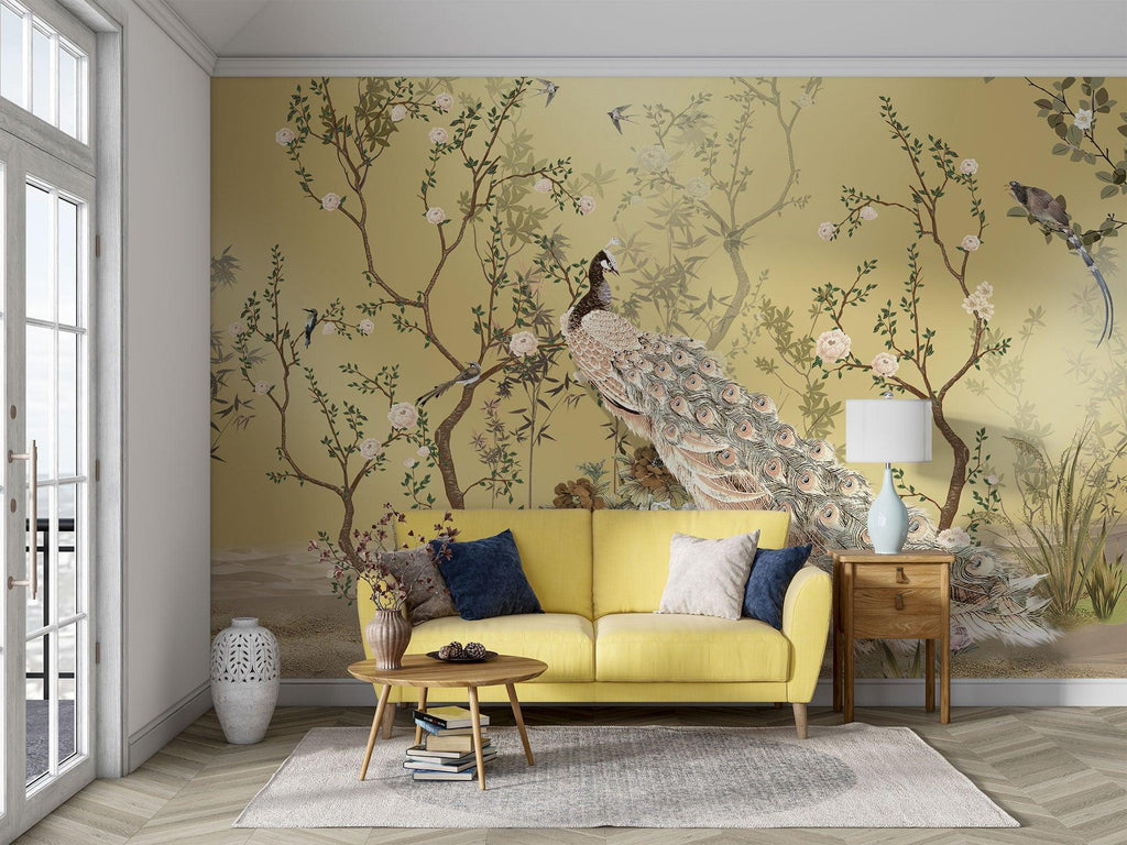 Oriental bird wallpaper bringing warmth to a sophisticated dining room setting
