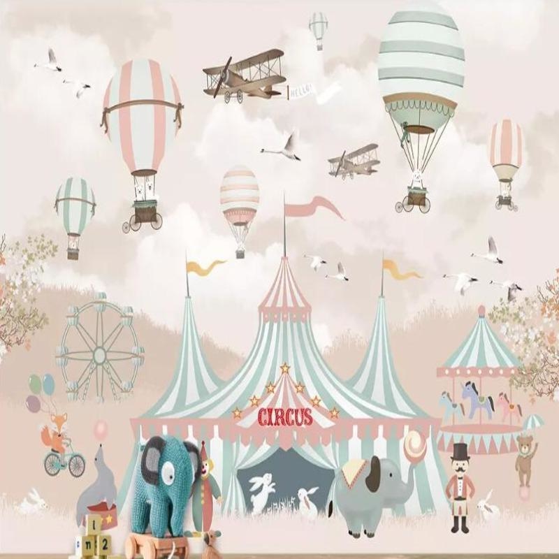 Vintage fairground wallpaper creates a dreamy atmosphere in a child's playroom with whimsical circus elements