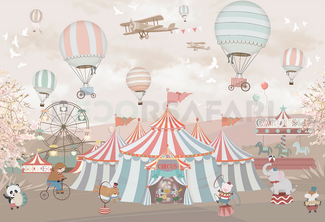Circus mural wallpaper design file showing detailed vintage fairground pattern with hot air balloons and gentle pastel colors