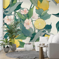 Bright Botanical Lemon Wallpaper in modern white kitchen, bringing Mediterranean charm to cooking space