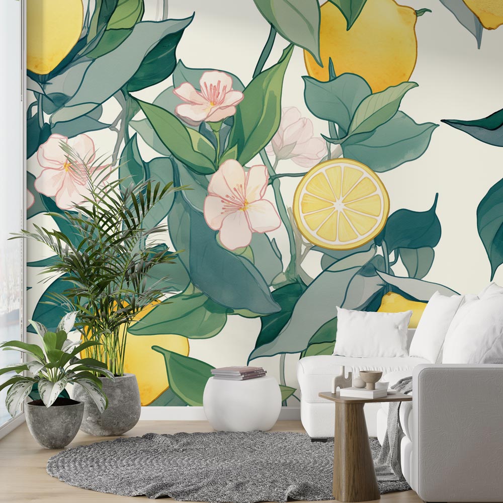 Bright Botanical Lemon Wallpaper in modern white kitchen, bringing Mediterranean charm to cooking space