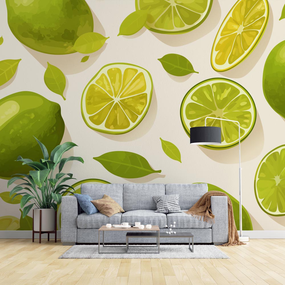 Lime pattern wallpaper brightening a modern white kitchen with pendant lights and wooden countertops