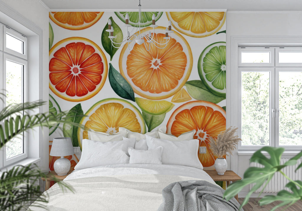 Orange and lime wallpaper creating a vibrant atmosphere in a dining room setting