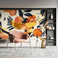 Modern citrus wallpaper bringing fresh color to a bright dining room with contemporary furniture