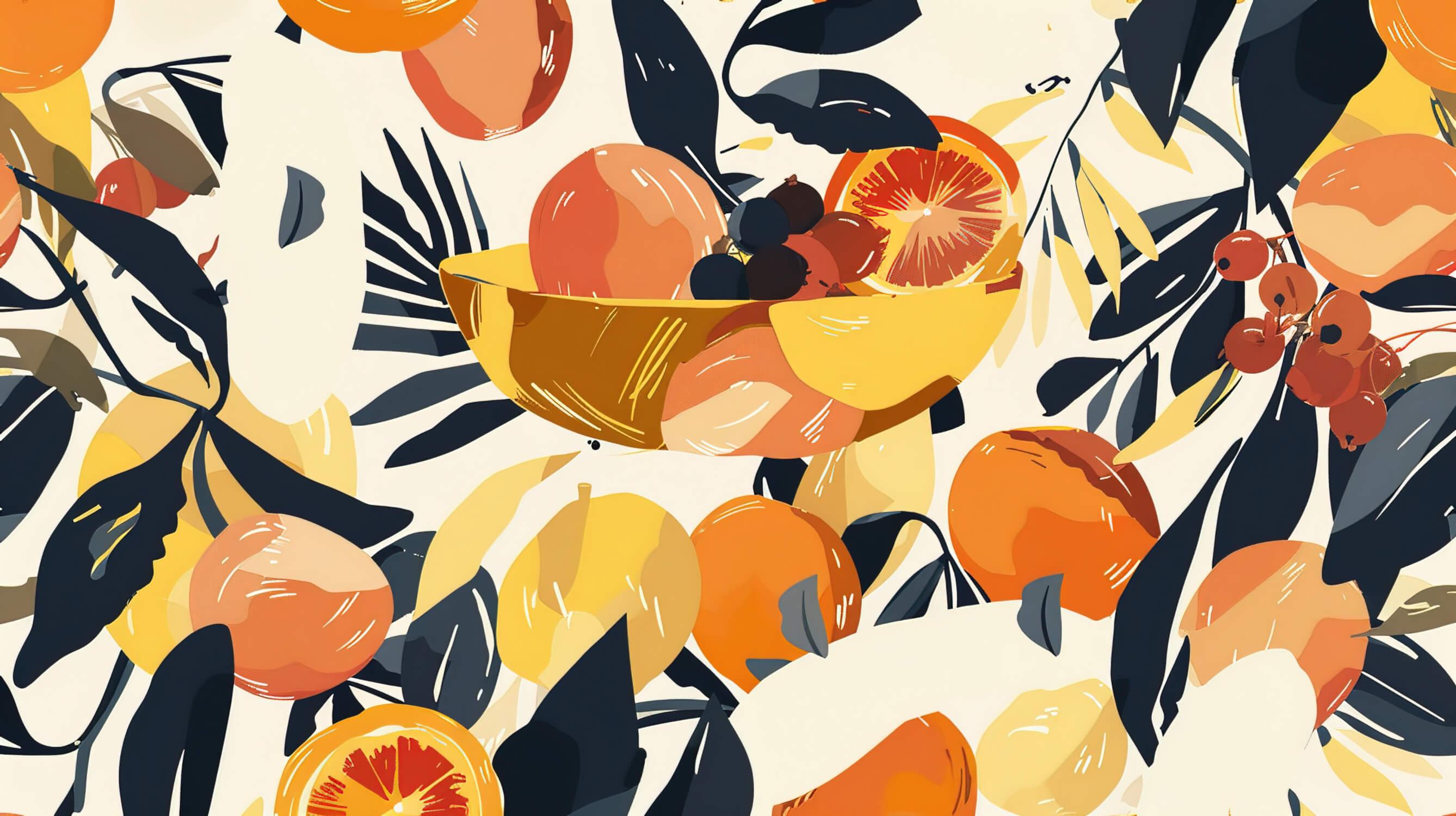 Design file showing detailed orange and navy citrus pattern with rich color depth