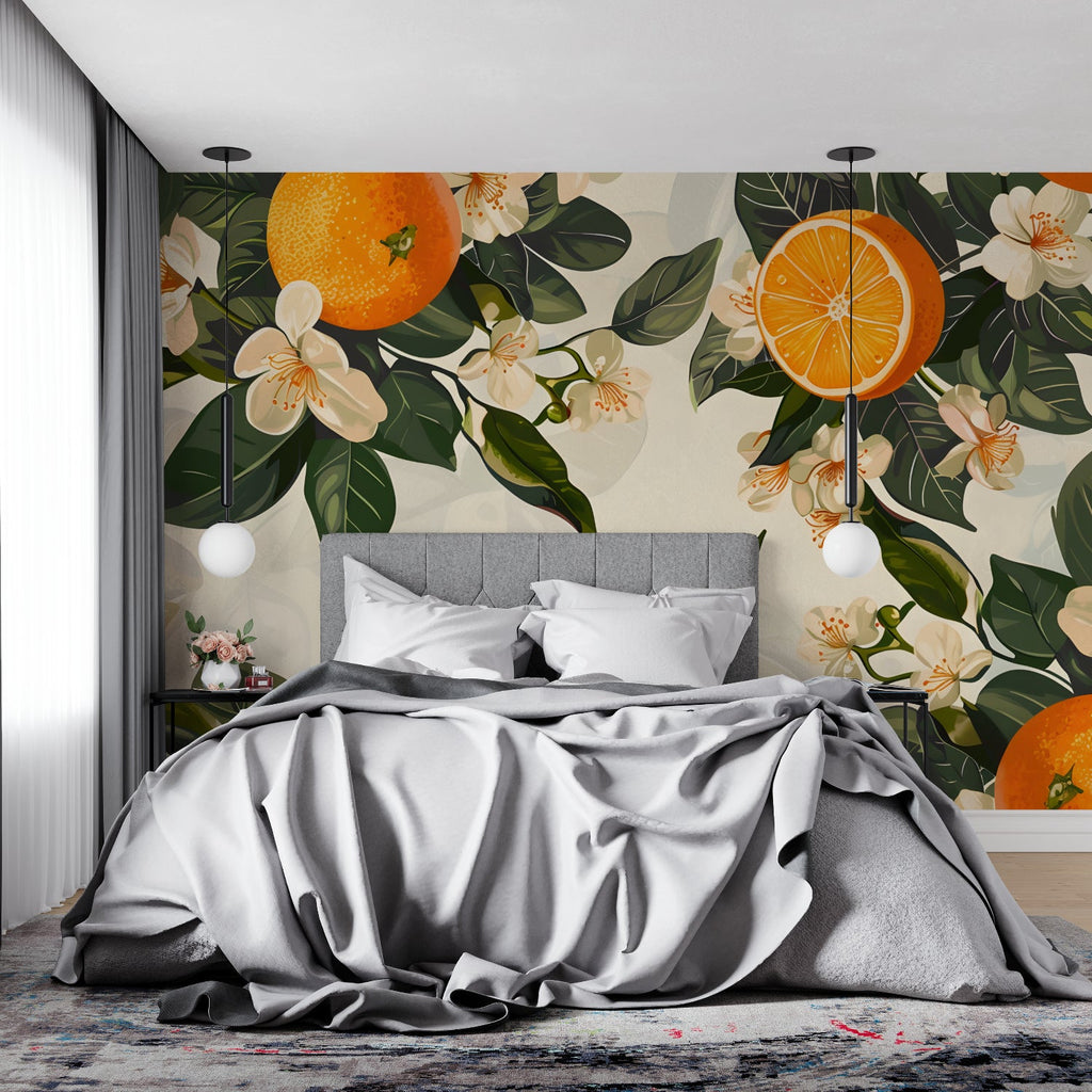 Orange and blossom wallpaper adding Mediterranean charm to an entryway