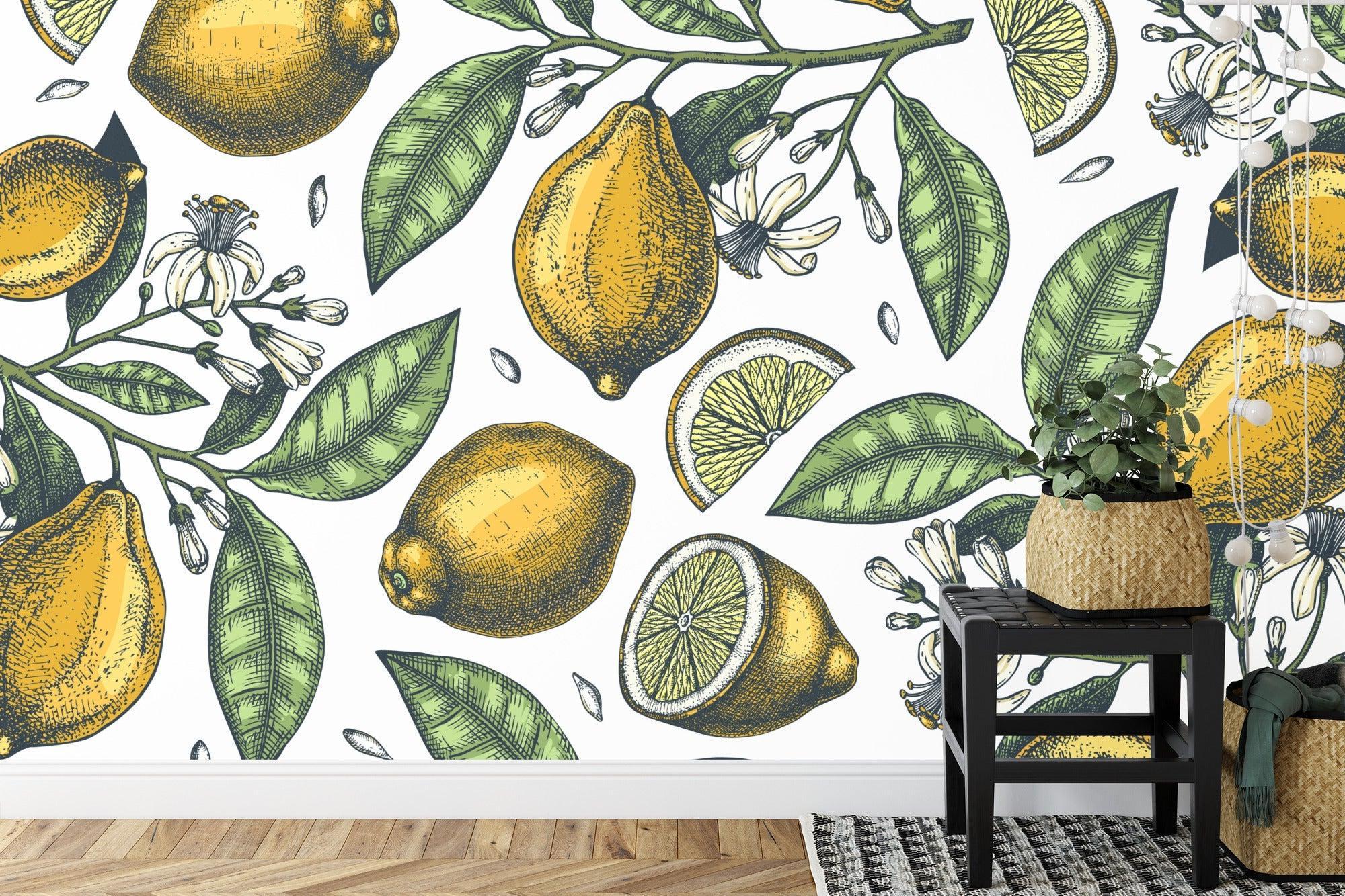Lemon wall mural brightening a modern white kitchen with marble countertops