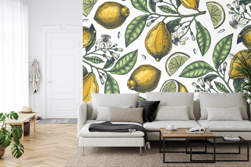 Citrus wallpaper creating a sunny atmosphere in a cozy breakfast nook