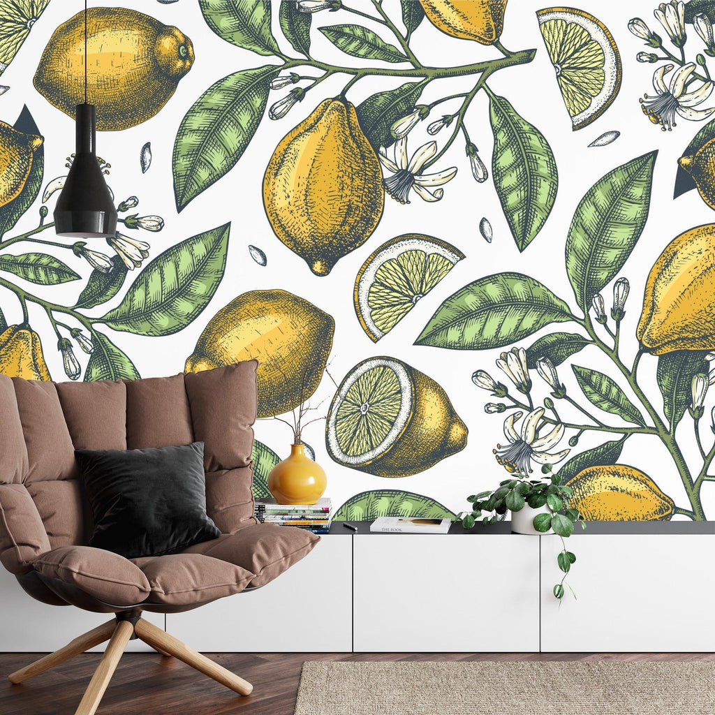 Botanical lemon pattern adding fresh style to a dining room accent wall