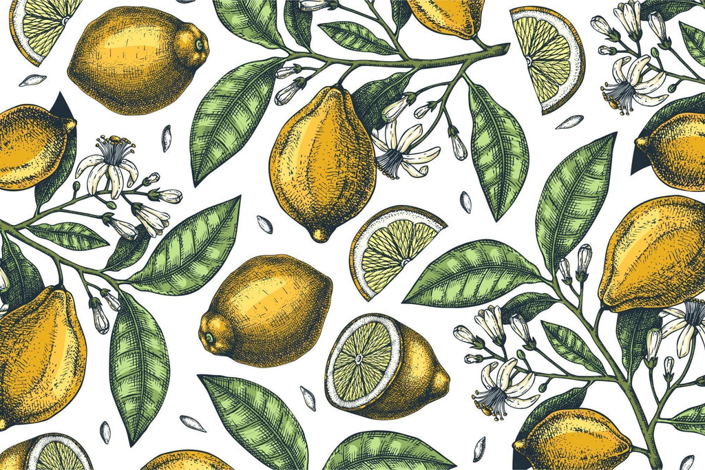 Design file showing detailed vintage lemon and blossom pattern on white background