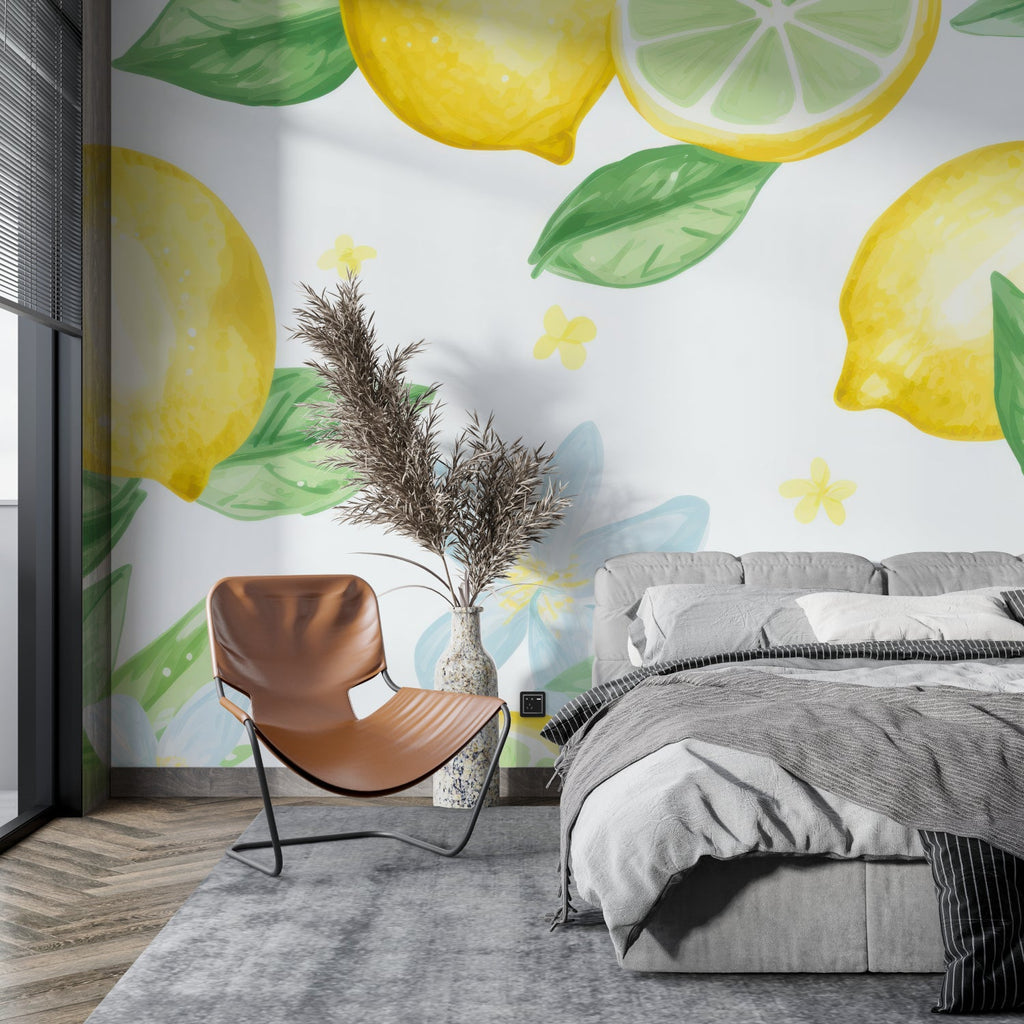 Yellow citrus wallpaper making a small breakfast nook feel bigger