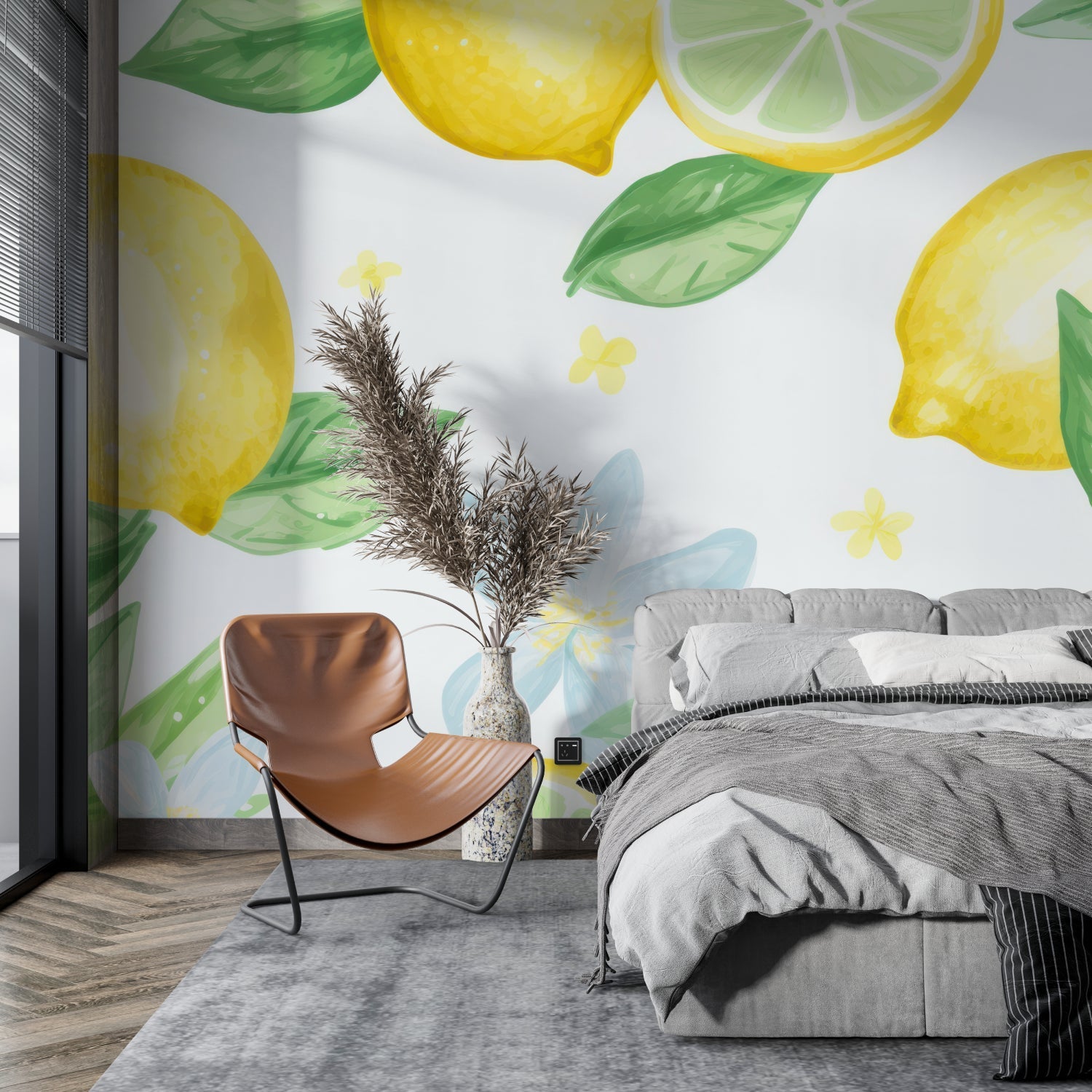 Yellow citrus wallpaper making a small breakfast nook feel bigger