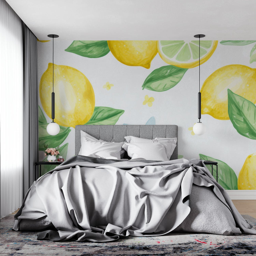 Citrus pattern wallpaper bringing Mediterranean charm to a home office