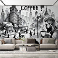 Modern comic city wallpaper in a bright coffee shop setting, creating an artistic urban atmosphere