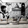 London cafe wall mural styled in modern dining room showing black and white urban sketch design creating depth