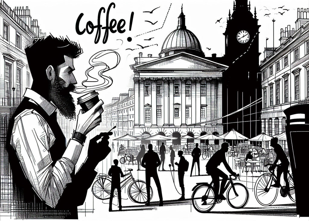 Black and white London coffee scene design file showing detailed urban sketch pattern and architectural elements