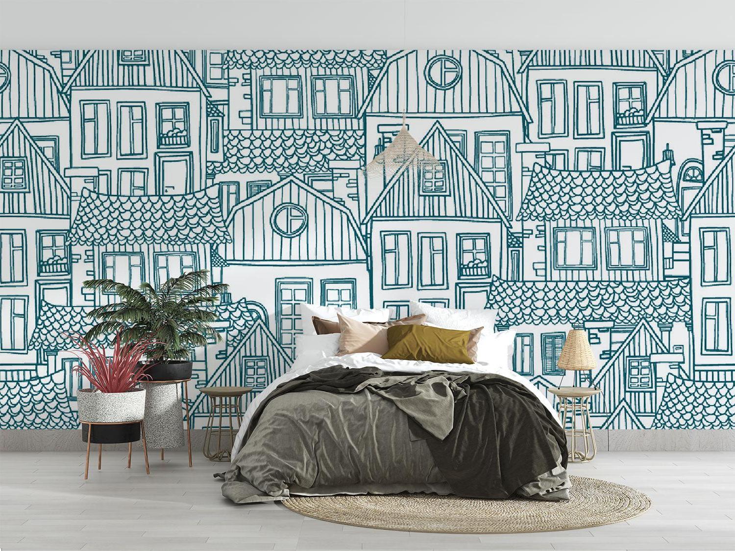 Blue architectural line art wallpaper in a bright modern living room with minimalist furniture