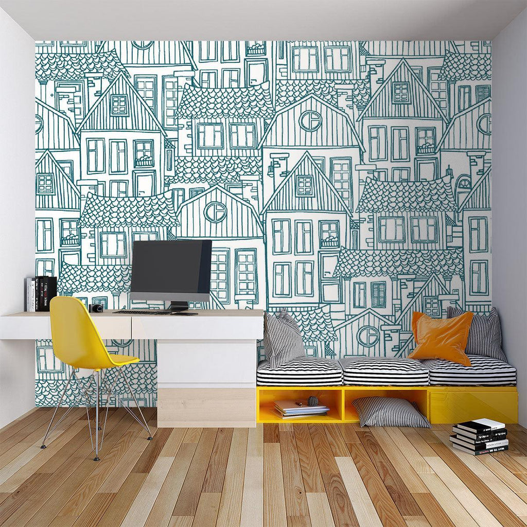 Home office featuring blue cityscape line drawing mural creating a professional atmosphere