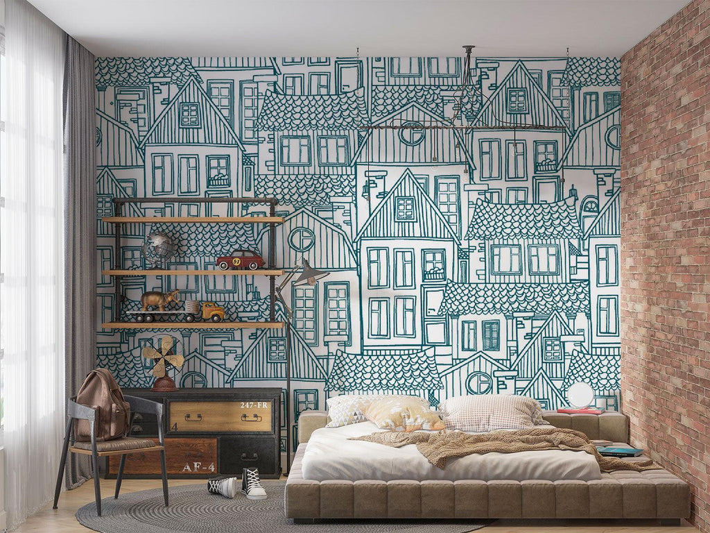 Blue architectural sketch wallpaper in a contemporary dining room setting