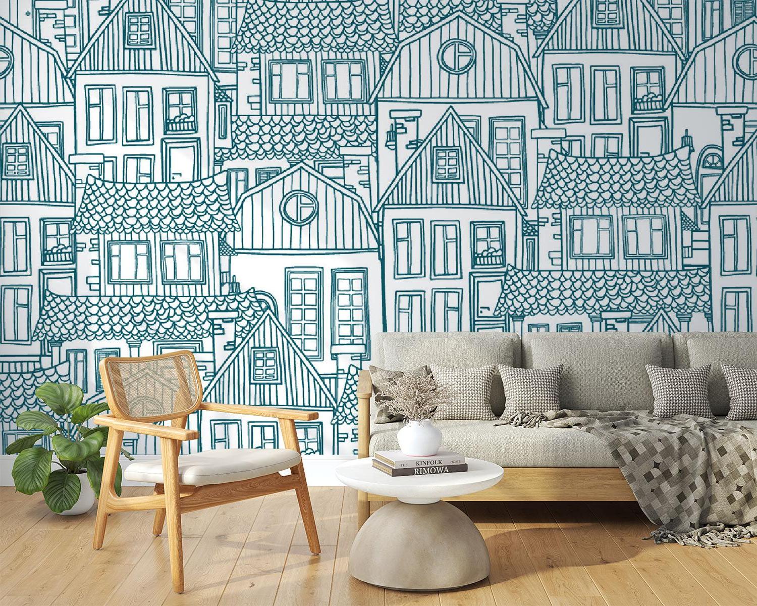 Modern bedroom with blue line art city mural creating a calm environment