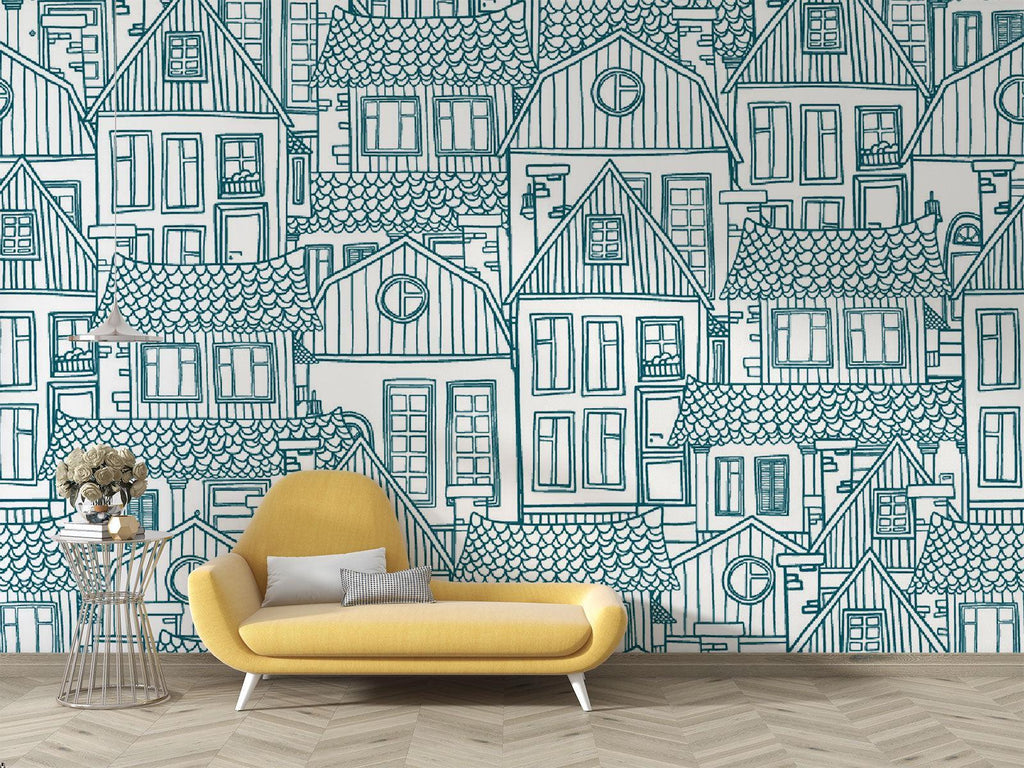 Hallway showcasing architectural line drawing wallpaper in soft blue tones