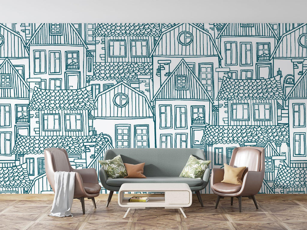 Study room with blue urban sketch wallpaper adding sophisticated charm