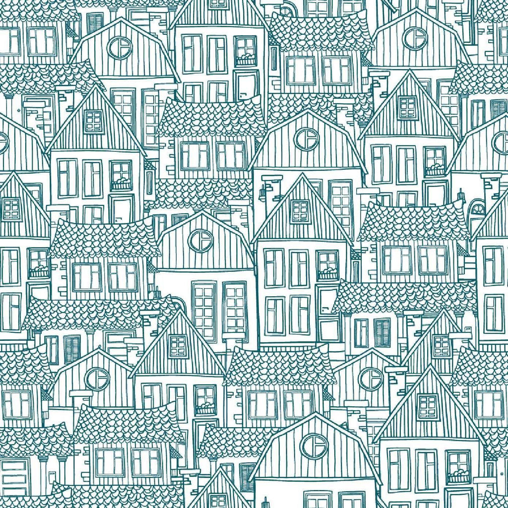 Design file of blue architectural line art pattern showing detailed building sketches
