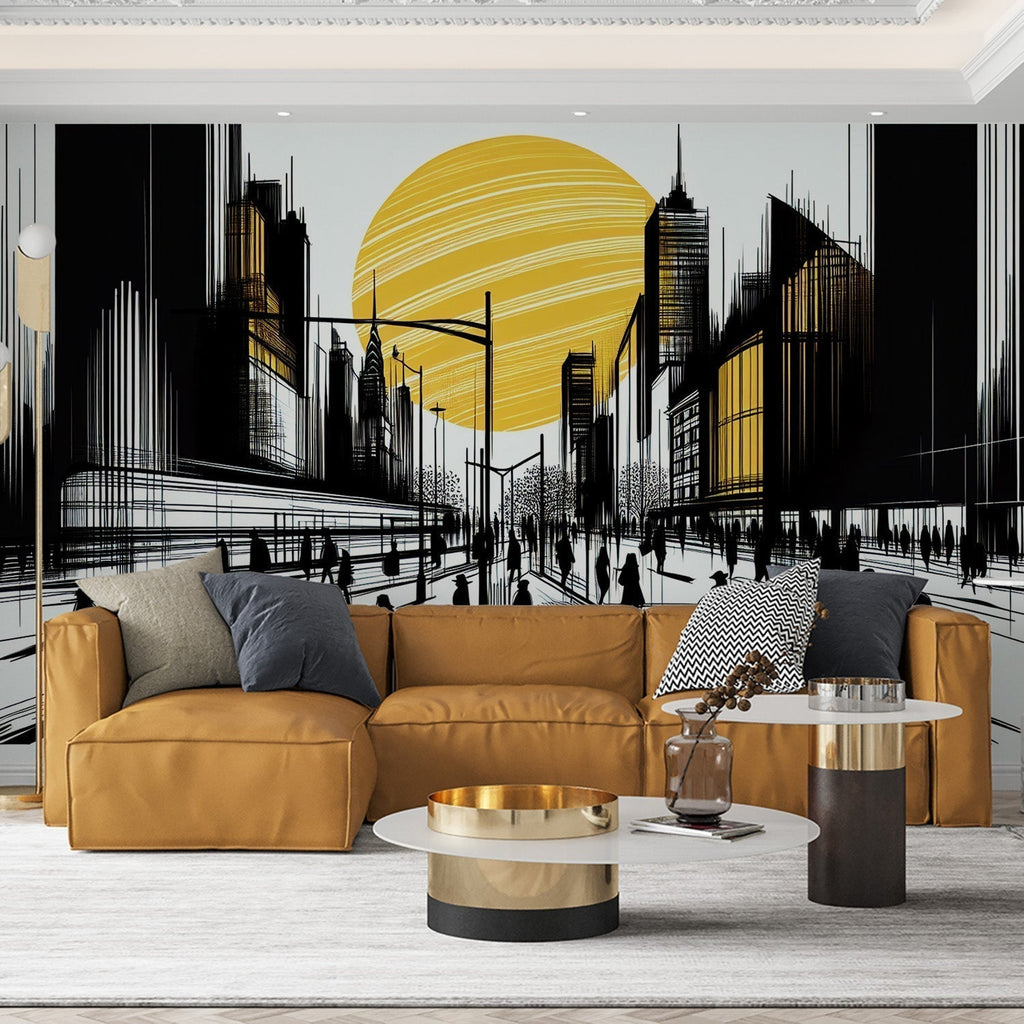Black and gold city skyline mural wallpaper creating depth in a modern living room with minimal furniture