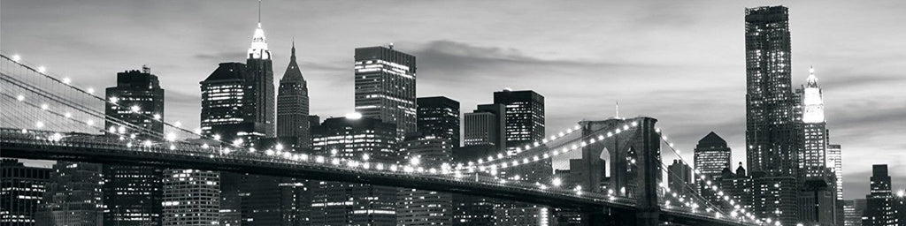 Black and white New York skyline design file showing detailed Manhattan architecture and bridge elements